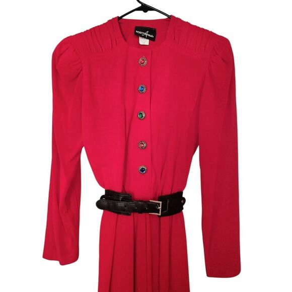 VTG 80s Red Colorful Jeweled Button Top Midi Party Dress 9/ 10 *Fits like Med - Picture 8 of 13